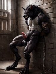 ai_generated canine chains cumming digitigrade digitigrade_legs edging erection knot looking_at_viewer male male_only muscular_male precum prison prison_clothes realistic snarling solo tied_up werewolf wolf