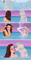 beauty_and_the_beast belle blush comic disney disney_princess elsa_(frozen) frozen_(film) kissing lipstick serisabibi underwater yuri