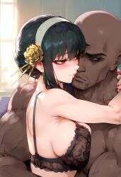 1boy 1girls ai_generated bare_arms bare_shoulders big_breasts black_hair blush bra color dark-skinned_male dark_skin female hi_res interracial large_breasts light-skinned_female light_skin lingerie long_hair male male/female muscles muscular muscular_male nakatori netorare ntr red_eyes smiling spy_x_family straight tagme thorn_princess yor_briar yor_forger