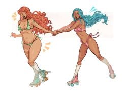 2girls bikini clothing dannymans66 dark-skinned_female female female_only nami_(one_piece) nefertari_vivi one_piece roller_skates tagme
