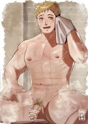 1boy bara blonde_hair censored dungeon_meshi fat_rolls feet_out_of_frame flaccid highres laios_touden looking_to_the_side male_focus male_pubic_hair muscular muscular_male navel nikuo_(29niku) nipples paid_reward_available pectorals penis plump pubic_hair sauna short_hair sideburns solo sparse_pubic_hair spread_legs steam stomach sweat thick_thighs thighs wiping_sweat