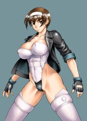 ass_visible_through_thighs bang-you black_gloves black_jacket breasts brown_eyes brown_hair buttons cleavage closed_mouth collarbone commentary_request cosplay covered_abs covered_navel covered_nipples cowboy_shot female fingerless_gloves ghost_in_the_shell ghost_in_the_shell_stand_alone_complex gloves grey_background groin groin_tendon hair_between_eyes hairband highleg highleg_leotard jacket kashiwagi_azusa kizuato kusanagi_motoko kusanagi_motoko_(cosplay) large_breasts legs_apart leotard looking_at_viewer open_clothes open_jacket serious shiny_skin short_hair simple_background skindentation solo standing strapless strapless_leotard thick_eyebrows thighhighs thighs toned white_leotard white_thighhighs