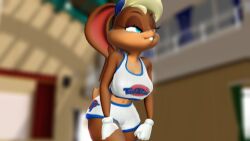 1girls 3d anthro anthro_only big_breasts blonde_hair blue_eyes busty female female_only hands_on_legs hands_on_own_thighs large_breasts leaning_forward legs lola_bunny looney_tunes midriff navel shorts solo space_jam thighs virtualblueam2