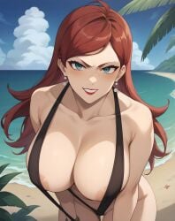 ai_generated areolae athletic_female beach earrings gigantic_breasts green_eyes hilda_boreas_greyrat huge_breasts light-skinned_female light_skin long_hair looking_at_viewer massive_breasts mature_female milf mushoku_tensei pawg red_hair sling_bikini sling_bikini_aside smiling solo_female subaruarm swimsuit thick_thighs thighs