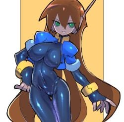 1girls aile binelu01 blue_bodysuit bodysuit breasts brown_hair cameltoe cleavage female long_hair mega_man mega_man_zx_advent nipples pussy shiny_clothes