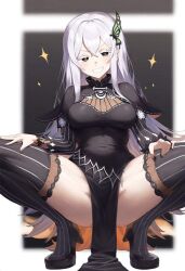 ai_generated bare_thighs black_dress black_eyes echidna_(re:zero) exposed_thighs female female_focus female_only re:zero_kara_hajimeru_isekai_seikatsu smile smiling smiling_at_viewer smug smug_face smug_grin smug_smile sole_female solo solo_female solo_focus spread_legs spreading squatting thigh_highs thighhighs white_hair