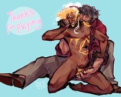 2boys 5xowgx5 arched_back bill_cipher blonde_hair bodily_fluids closed_eyes cuntboy dark-skinned_male demon digital_drawing_(artwork) digital_media_(artwork) facial_hair final_part fingering fully_clothed_male fully_nude gravity_falls grey_hair hair_up intersex light-skinned_male mastectomy_scar nude nude_male nude_male_clothed_male older_male pussy pussy_fingering pussy_juice red_sweater scars silver_fox sitting solo_male stanford_pines strip_challenge tattoos