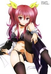 bare_belly bare_shoulders belly_button big_breasts black_bra black_lingerie black_panties black_socks black_thighhighs blush bra breasts choker cleavage collarbone garter_belt garter_straps lingerie long_hair megami_magazine mouth_closed official_art panties rakudai_kishi_no_cavalry red_eyes red_hair removing_skirt skirt smile socks stella_vermillion thigh_socks thighhighs thighs underwear