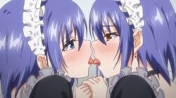 blue_eyes blush brown_eyes holding_hands hoshizuki_kaede hoshizuki_suzu incest kaede_to_suzu kissing maid_headdress open_mouth purple_hair sisters tongue twins