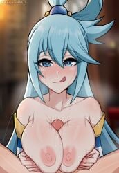 1boy 1girls :q absurdres aqua_(konosuba) blue_eyes blue_hair blurry blurry_background blush breasts breasts_squeezed_together detached_sleeves erection female hair_bobbles hair_ornament hair_rings highres kagironsfw kono_subarashii_sekai_ni_shukufuku_wo! large_breasts licking_lips long_hair looking_at_viewer male motion_lines nipples paizuri penis pov pov_crotch straight sweat tongue tongue_out very_long_hair