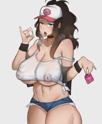 1girls big_ass big_breasts blowjob_gesture bobtheneet fellatio_gesture female hilda_(pokemon) pokemon saliva_string short_shorts shorts tagme tank_top