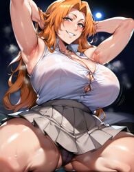 1girls ai_generated alternate_breast_size armpits arms_behind_head big_breasts bleach bostin breasts busty curvaceous curvy curvy_body curvy_female curvy_figure female huge_breasts large_breasts matsumoto_rangiku nipples panties school_uniform skirt solo sweat sweating sweaty sweaty_body sweaty_breasts thick_thighs thighs venus_body