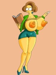 1girls big_ass book breasts breasts_out brown_hair clothed clothing ear_piercing edna_krabappel female female_only high_heels huge_breasts human looking_at_breasts massive_breasts maxtlat nipples public public_exposure public_nudity school solo solo_female surprised teacher the_simpsons wide_hips yellow_skin