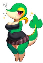 ai_generated anthro anthrofied belly big_breasts blush bottomwear breasts cleavage clothed clothing eyelashes female hellsonger hi_res looking_at_viewer nintendo non-mammal_breasts pokemon pokemon_(species) pokemorph question_mark red_eyes reptile scalie shirt short_stack simple_background skirt slightly_chubby smile snivy solo sparkles thick_thighs topwear white_background wide_hips