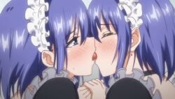 blue_eyes blush closed_eyes holding_hands hoshizuki_akira hoshizuki_suzu kaede_to_suzu kissing maid_headdress open_mouth purple_hair sisters tongue twins yuri