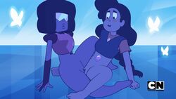 1girls 2019 black_hair blush cartoon_network casual dark_skin digital_media_(artwork) female garnet_(steven_universe) gem_(species) gem_fusion glasses hi_res logo outdoors pussy red_skin scissoring steven_universe stevonnie tribadism uncensored unhombre