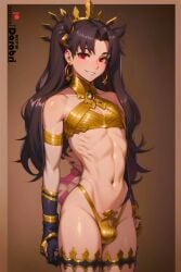 1boy abs absurd_res ai_generated armband armor beige_skin bikini blush bulge crown cute darabri dark_hair femboy feminine_male gay girly gloves gold_(metal) ishtar_(fate) jewelry logo long_hair male male_only open_smile otoko_no_ko outlines patreon patreon_logo penis_bulge penis_in_bikini penis_in_swimsuit red_eyes simple_background smile toned trap twintails yaoi