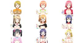 6+girls :p ^_^ animal_ears ayase_eli blush breasts breasts_out closed_eyes collar condom everyone female female_only highres hoshizora_rin human koizumi_hanayo kousaka_honoka looking_at_viewer love_live! love_live!_school_idol_project maid minami_kotori multiple_females multiple_girls nipple_piercing nipples nishikino_maki off_shoulder piercing school_uniform shoujo_donburi smile sonoda_umi t-shirt tongue tongue_out toujou_nozomi used_condom yazawa_nico