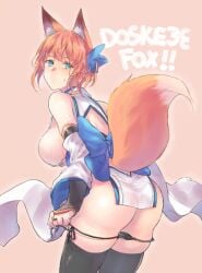 1girls animal_ears aqua_eyes ass_cutout back_cutout bare_shoulders black_thighhighs breasts clothing_cutout detached_sleeves female fox_ears fox_girl fox_tail japanese_clothes looking_back multi_ear orange_hair original panties panty_pull revealing_clothes sawaya_(mizukazu) side-tie_panties sideboob tail thighhighs underwear white_sleeves wide_sleeves