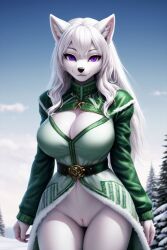 1girls 2024 ai_generated anthro arctic_wolf big_breasts bottomless bottomless_female breasts breasts_bigger_than_head cleavage curvy_female curvy_figure female female_only furry green_clothing inner_ear_fluff innie_pussy long_hair looking_at_viewer milf outside purple_eyes pussy smile snow white_fur white_hair winter winter_clothes wolf