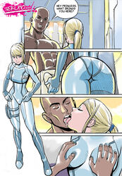 1boy 1girls abs anthony_higgs apple_butt ass blue_eyes bodysuit breast_fondling breast_grab breasts brown_eyes bulge closed_eyes comic dark-skinned_male dark_skin dialog female female_focus french_kiss french_kissing from_below groping hands_on_hips highres holster human interracial kiss kissing male metroid navel nintendo samus_aran skin_tight straight sweat tekuho text thigh_strap tongue tongue_out towel zero_suit zero_suit_samus