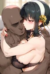 1boy 1girls ai_generated bare_arms bare_shoulders big_breasts black_hair blush bra color dark-skinned_male dark_skin female hi_res interracial large_breasts light-skinned_female light_skin lingerie long_hair male male/female muscles muscular muscular_male nakatori netorare ntr red_eyes spy_x_family tagme thorn_princess yor_briar yor_forger