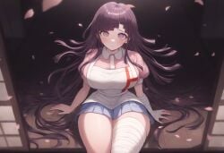 1girls ai_generated alternate_breast_size big_breasts blunt_bangs breasts clothed clothed_female danganronpa danganronpa_2:_goodbye_despair facing_viewer huge_breasts looking_at_viewer novelai purple_hair sakura_petals sitting solo solo_female spike_chunsoft thick_thighs tsumiki_mikan wide_hips