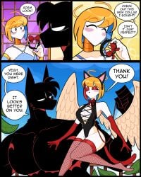 1440p 2boys 2k 3koma 4:5 adam_(idolomantises) angel angel_wings bangs big_breasts black_cat_ears black_collar black_eyes black_fur blonde_hair blue_clothing blue_hair blue_sky blush bow broken_halo canine canon_couple cat_ears cat_tail child_bearing_hips choker collar collar_and_leash comic couple demon dialogue dog_boy dog_ears domino_(idolomantises) english english_dialogue english_text exposed_shoulders eyebrows eyebrows_visible_through_hair eyelashes eyeliner eyeshadow fake_animal_ears fake_tail fallen_angel femboy fishnet_stockings fishnet_thighhighs fishnets floating fur halo hellhound hourglass_figure idolomantises incubus inner_sideboob large_breasts leash leaves looking_at_partner male male_breasts male_only monsters_and_girls muscular_male purple_sky red_eyeshadow red_hair red_leash red_stockings red_tail red_thighhighs short_hair speech_bubble spiked_collar spikes stockings swept_bangs text text_bubble thick_thighs thighhighs thunder_thighs top_surgery_scars trans_scars two_tone_hair white_eyes white_feathers white_skin white_wings wide_hips wings yellow_hair