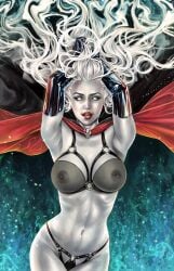 armpits cape harness lady_death large_breasts latex_gloves long_hair looking_at_viewer mike_krome see-through solo white_skin