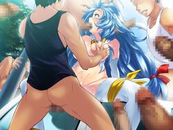 blue_eyes blue_hair breast_grab breasts censored clothing cosplay covering_face cum darkstalkers felicia_(darkstalkers)_(cosplay) fellatio female gangbang glasses hair irrumatio kogure_chiaki large_breasts medium_breasts multiple_boys multiple_penises oral penis play!_play!_play! public_use pussy rape school_uniform stockings tongue wazakita