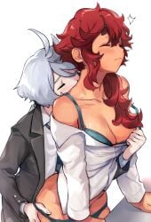 2girls ahoge big_breasts blush bra_strap breasts canon_couple cleavage color curly_hair embarrassed fully_clothed gundam gundam_suisei_no_majo hand_under_clothes imminent_sex large_breasts looking_pleasured married_couple miorine_rembran mitsu_(tendou_itsuki) partially_clothed ponytail red_hair romantic romantic_couple scar scars_all_over suletta_mercury undressing white_background white_hair wife_and_wife yuri