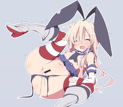 bar_censor black_panties blonde_hair blue_background blue_skirt censored closed_eyes cum cum_in_pussy female hairband kantai_collection long_hair navel nekokan-nekokan nipples open_mouth panties pussy saliva shimakaze_(kantai_collection) simple_background skirt small_breasts solo striped striped_legwear thighhighs torn_clothes torn_thighhighs underwear