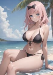 1girls ai_generated arm_support beach big_breasts bikini black_bikini blue_eyes breasts busty cleavage female fujiwara_chika hi_res kaguya-sama_wa_kokurasetai_~tensai-tachi_no_renai_zunousen~ large_breasts long_hair looking_at_viewer navel ocean pink_hair pose posing sensual sitting smile swimsuit voluptuous water