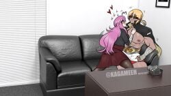 blonde_hair casting_couch danganronpa danganronpa_another fanganronpa heart imminent_sex kagameeh kagami_(kagameeh) light_skin makunouchi_hajime pink_hair sdra2 super_danganronpa_another_2 tan_body