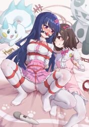 2girls absurdres arms_behind_back ball_gag black_hair blue_hair bondage bound bound_arms bound_legs bound_wrists breast_bondage crotch_rope dildo feet full_body gag gagged highres long_hair multiple_girls no_shoes original pachirisu pantyhose pokemon pokemon_(species) red_rope restrained rope sex_toy shibari_over_clothes short_hair skirt slave tied_up_(nonsexual) vibrator white_pantyhose wholesome xiongmao yuri