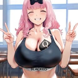 1girls ai_generated big_breasts blacked blacked_clothing breasts bursting_breasts busty cleavage closed_eyes double_v female female_only fujiwara_chika grin gym_uniform happy hi_res kaguya-sama_wa_kokurasetai_~tensai-tachi_no_renai_zunousen~ large_breasts long_hair midriff pink_hair pose posing qos queen_of_spades raceplay solo sports_bra sweat tattoo v voluptuous