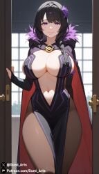 ai_generated black_hair cleavage doorway dress elsa_granhilte gumi_arts huge_breasts indoors looking_at_viewer pantyhose purple_eyes re:zero_kara_hajimeru_isekai_seikatsu smile stable_diffusion thick_thighs