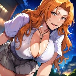 1girls ai_generated alternate_breast_size big_breasts bleach bostin breasts busty cleavage curvaceous curvy curvy_body curvy_female curvy_figure female huge_breasts large_breasts matsumoto_rangiku nipples outdoors school_uniform skirt solo sweat sweating sweaty sweaty_body sweaty_breasts thick_thighs thighs