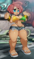 1girls alternate_version_available arc_system_works blue_eyes bra bracelet brazilian brazilian_female breasts choker dark-skinned_female dark_skin female giovanna_(guilty_gear) guilty_gear guilty_gear_strive highres jellot jewelry large_breasts red_hair sandals shorts sweat thick_thighs thighs thong underwear wide_hips