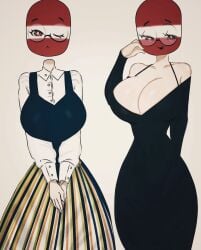 1girls big_breasts black_lipstick breasts clothed countryhumans countryhumans_girl dress female female_only flawsy glasses latvia_(countryhumans) lipstick looking_at_viewer looking_away red_eyes tagme