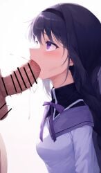 ai_generated akemi_homura black_hair blowjob censored censored_penis fellatio long_hair madoka_worship magical_girl magical_girl_outfit mahou_shoujo_madoka_magica male_out_of_frame puella_magi_madoka_magica purple_eyes ribbon straight_hair