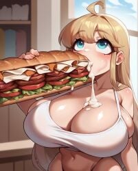 1girls ai_generated breasts cleavage eyebrows_visible_through_hair female female_only food huge_breasts navel rocksolidart sandwich solo solo_female subway_(franchise) subway_eat_fresh_(meme)