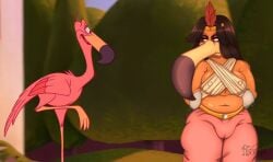 accessory anthro avian beak belly belt big_breasts bird black_hair bondage bondage bound breasts camel_toe chained chained_cuffs chained_up chains cuff_(restraint) disney disney's_aladdin duo erect_nipples feathers female flamingo gag_mask hair headband hi_res human male male/female mammal mask nipple_outline nipples overweight overweight_female pink_body pink_feathers punishment restraints taoreta thick_thighs