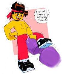 bare_chest cum cum_through_clothes cum_through_clothing cum_through_underwear hair_up headband lego lego_anatomy lego_monkie_kid male micro mk_(lego_monkie_kid) mk_(monkie_kid) no_shirt pants pants_on shrunk shrunken_male toffee_png vibrator vibrator_on_penis