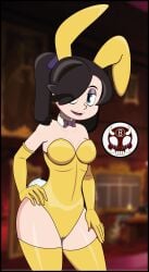 8ball9615 aged_up blue_eyes bowtie brown_hair bunny_costume bunny_ears medium_breasts purple_lipstick purple_makeup seductive_pose sienna_contiello skullgirls smiling_at_viewer squigly twintails