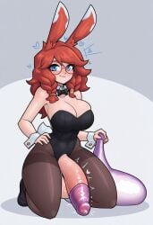 1futa 1girls ai_generated altra_x aurora_(league_of_legends) blue_eyes bunnysuit condom condom_balloon futanari glasses heart kneeling league_of_legends limebreaker looking_at_viewer rabbit_ears red_hair riot_games round_glasses smirk