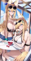 2girls absurdres animal_ear_fluff animal_ears bandeau bikini black_bandeau black_tube_top blonde_hair blue_eyes breasts eyewear_on_head food fox_ears fox_girl fox_tail fruit highres huge_breasts layered_bikini long_hair looking_at_viewer multiple_girls one_eye_closed original shiroshisu smile strapless strawberry sunglasses swimsuit tail tube_top