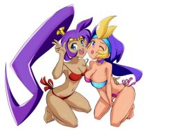 2d 2d_(artwork) 2girls :d belly_button big_breasts bikini blonde_hair blue_eyes choker female female_only hand_on_waist loose_bikini peace_sign pose posing posing_for_the_viewer purple_hair seductive shantae shantae_(character) skinny sky_(shantae) string_bikini tagme tanned_skin