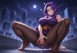 1girls 2d ? ai_generated blush boku_no_hero_academia color confused confused_look emotionless emotionless_female female_masturbation fingering fingering_self image_set kaina_tsutsumi lady_nagant large_breasts mature_female moonlight night night_sky pantyhose pink_pussy purple_dress purple_eyes purple_hair pussy pussy_juice pussy_juice_drip pussy_juice_puddle pussy_juice_trail sleveeless_shirt solo solo_female speed_lines squatting streaked_hair thick_thighs