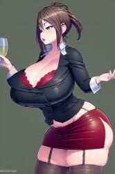 ai_generated alcohol big_breasts brown_hair cleavage fully_clothed garter_straps giant_breasts holding_drink hyper_breasts mida_rana pencil_skirt tagme teacher thick_thighs thighhighs yandere_simulator
